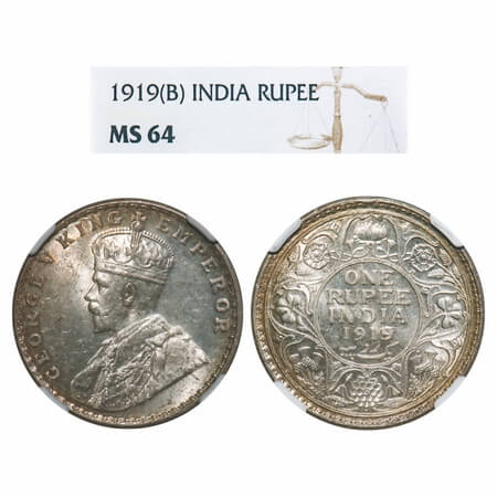 George V, Silver, Rupee, 1919, Bombay Mint, Dot. F. Prid 225. GK 1040. NGC Slabbed MS 64. 