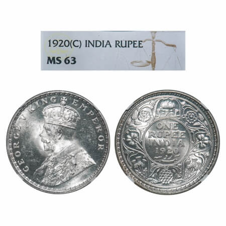 George V, Silver, Rupee, 1920, Calcutta Mint, No dot. F. Prid 216. GK 1041. NGC Slabbed MS