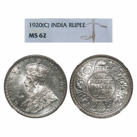 George V, Silver, Rupee, 1920, Calcutta Mint, No dot. F. Prid 216. GK 1041. NGC Slabbed MS