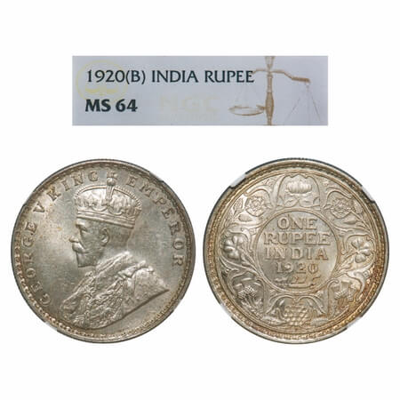 George V, Silver, Rupee, 1920, Bombay Mint, Dot. F. Prid 226. GK 1042. NGC Slabbed MS 64. 