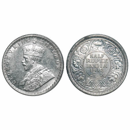 George V, Silver, Half Rupee, 1912, Calcutta Mint, No dot, Re-drawn Elephant. F. Prid 319.