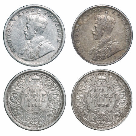 George V, Silver, Half Rupee, (2 coins), 1) 1912, Calcutta Mint, No dot, Re-drawn Elephant