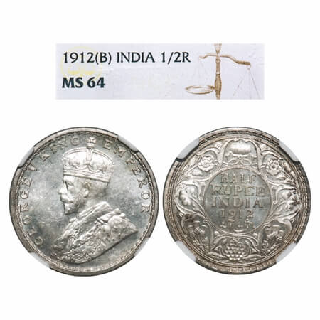 George V, Silver, Half Rupee, 1912, Bombay Mint, Dot. F. Prid 336. GK 1047. NGC Slabbed MS