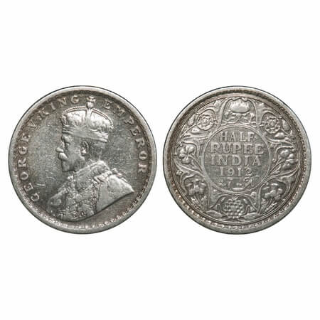 George V, Silver, Half Rupee, 1912, Bombay Mint, Dot, Re-drawn Elephant. F. Prid 336. GK 1