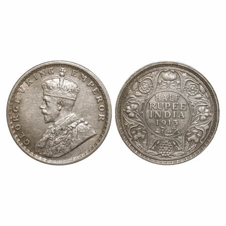 George V, Silver, Half Rupee, 1913, Calcutta Mint, No dot. F. Prid 320. GK 1048. Extremely
