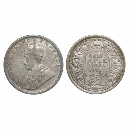 George V, Silver, Half Rupee, 1913, Calcutta Mint, No dot. F. Prid 320. GK 1048. Very Fine