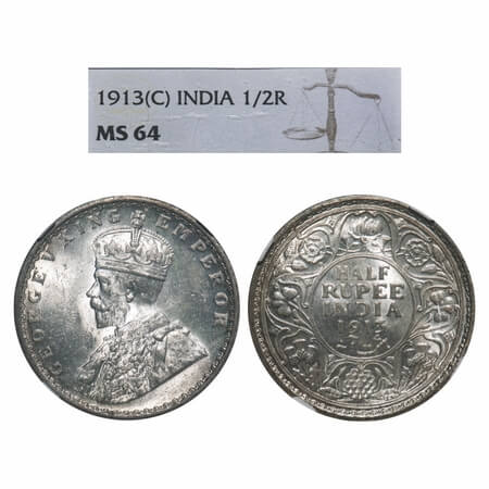 George V, Silver, Half Rupee, 1913, Calcutta Mint, No dot. F. Prid 320. GK 1048. NGC Slabb