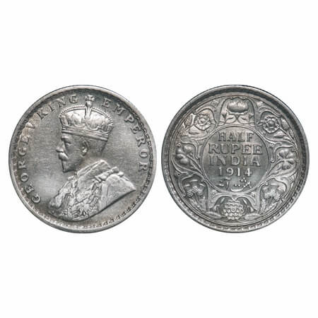 George V, Silver, Half Rupee, 1914, Calcutta Mint, No dot. F. Prid 321. GK 1050. Very Fine