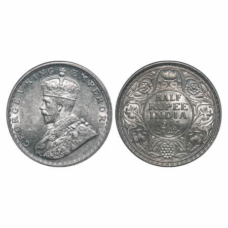 George V, Silver, Half Rupee, 1914, Bombay Mint, Dot. F. Prid 338. GK 1051. Uncirculated. 
