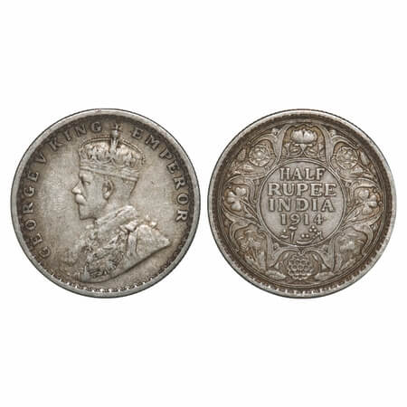 George V, Silver, Half Rupee, 1914, Bombay Mint, Dot. F. Prid 338. GK 1051. Very Fine. Sca