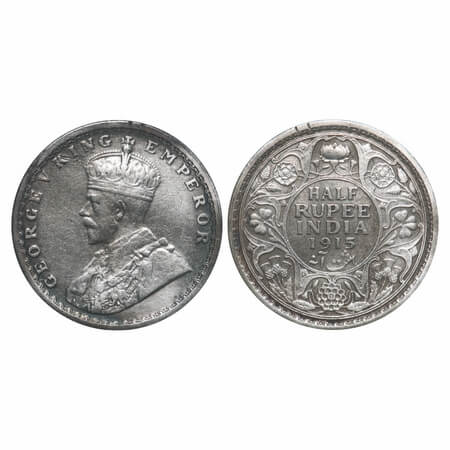 George V, Silver, Half Rupee, 1915, Calcutta Mint, No dot. F. Prid 322. GK 1052. Very Fine