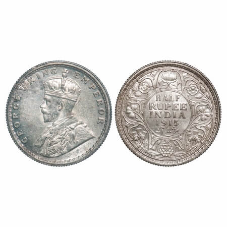 George V, Silver, Half Rupee, 1915, Calcutta Mint, No dot. F. Prid 322. GK 1052. Uncircula