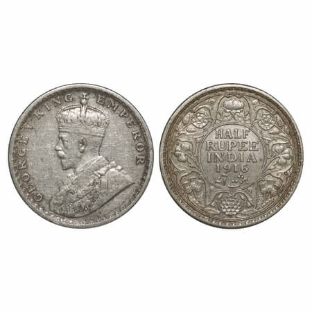 George V, Silver, Half Rupee, 1916, Calcutta Mint, No dot. F. Prid 323. GK 1053. Very Fine