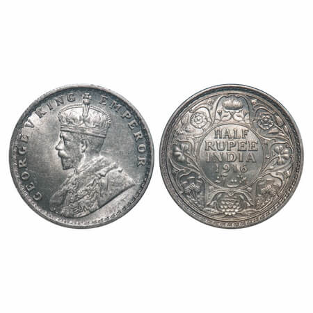 George V, Silver, Half Rupee, 1916, Calcutta Mint, No dot. F. Prid 323. GK 1053. About Unc