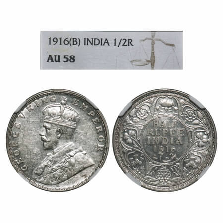 George V, Silver, Half Rupee, 1916, Bombay Mint, Dot. F. Prid 340. GK 1054. NGC Slabbed AU