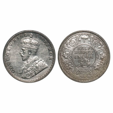 George V, Silver, Half Rupee, 1918, Bombay Mint, Dot. F. Prid 342. GK 1056. About Uncircul