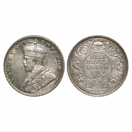 George V, Silver, Half Rupee, 1919, Bombay Mint, Dot. F. Prid 343. GK 1057. Uncirculated, 