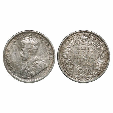 George V, Silver, Half Rupee, 1921, Calcutta Mint, No dot. F. Prid 324. GK 1058. Very Fine