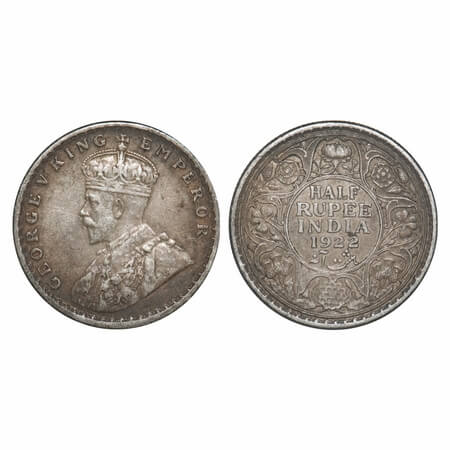 George V, Silver, Half Rupee, 1922, Calcutta Mint, No dot. F. Prid 325. GK 1059. Very Fine