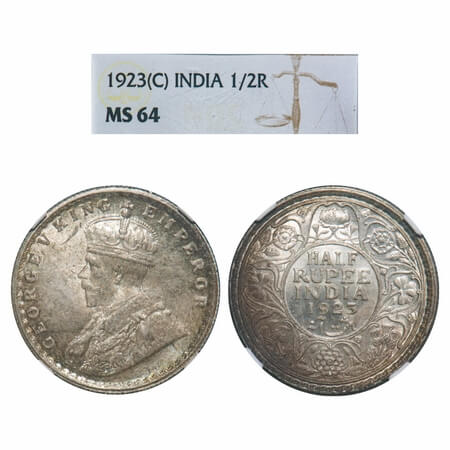 George V, Silver, Half Rupee, 1923, Calcutta Mint, No dot. F. Prid 326. GK 1061. NGC Slabb
