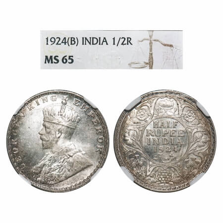 George V, Silver, Half Rupee, 1924, Bombay Mint, Dot. F. Prid 346. GK 1064. NGC Slabbed MS