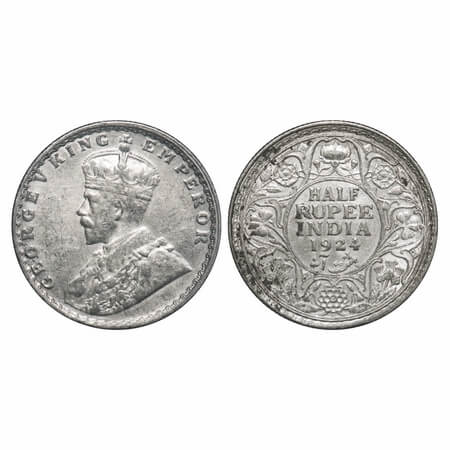George V, Silver, Half Rupee, 1924, Bombay Mint, Dot. F. Prid 346. GK 1064. Very Fine+. Sc