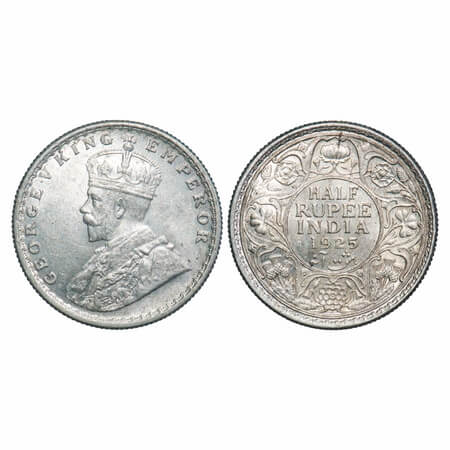 George V, Silver, Half Rupee, 1925, Calcutta Mint, No dot. F. Prid 328. GK 1065. Uncircula