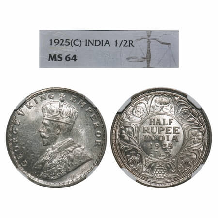 George V, Silver, Half Rupee, 1925, Calcutta Mint, No dot. F. Prid 328. GK 1065. NGC Slabb