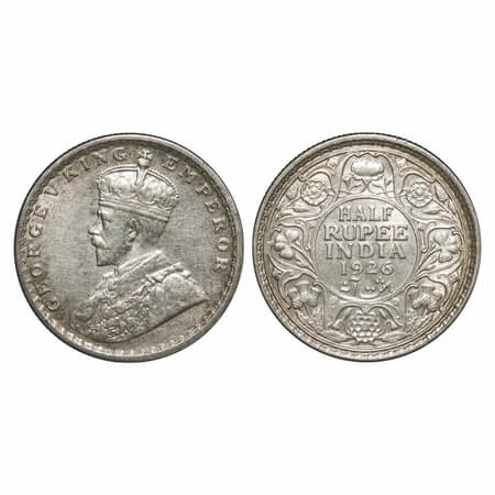 George V, Silver, Half Rupee, 1926, Calcutta Mint, No dot. F. Prid 329. GK 1067. Extremely
