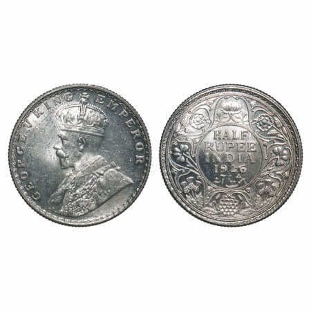 George V, Silver, Half Rupee, 1926, Bombay Mint, Dot, Ghost on Rev. F. Prid 348. GK 1068. 