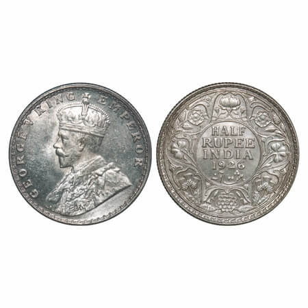 George V, Silver, Half Rupee, 1926, Bombay Mint, Dot. F. Prid 348. GK 1068. About Uncircul