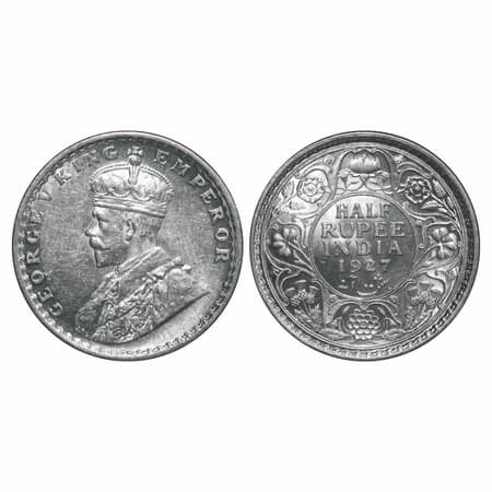 George V, Silver, Half Rupee, 1927, Calcutta Mint, No dot. F. Prid 330. GK 1069. Mint Stat