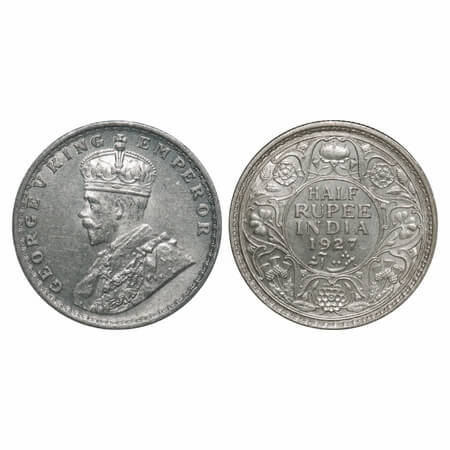 George V, Silver, Half Rupee, 1927, Calcutta Mint, No dot. F. Prid 330. GK 1069. Uncircula