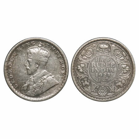 George V, Silver, Half Rupee, 1927, Calcutta Mint, No dot. F. Prid 330. GK 1069. Very Fine