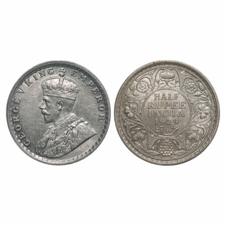 George V, Silver, Half Rupee, 1929, Calcutta Mint, No dot. F. Prid 331. GK 1071. About Unc