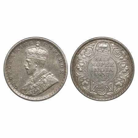George V, Silver, Half Rupee, 1930, Calcutta Mint, No dot. F. Prid 332. GK 1072. Extremely