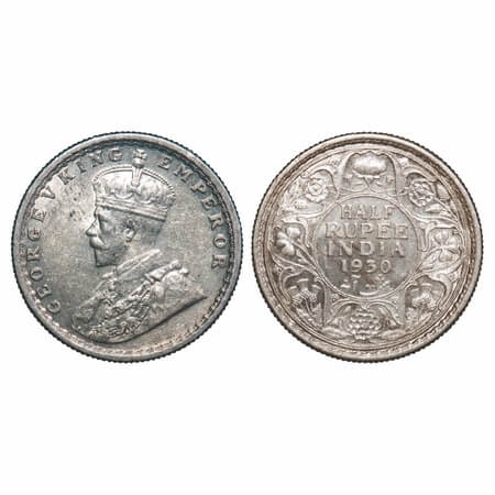 George V, Silver, Half Rupee, 1930, Calcutta Mint, No dot. F. Prid 332. GK 1072. Almost Un