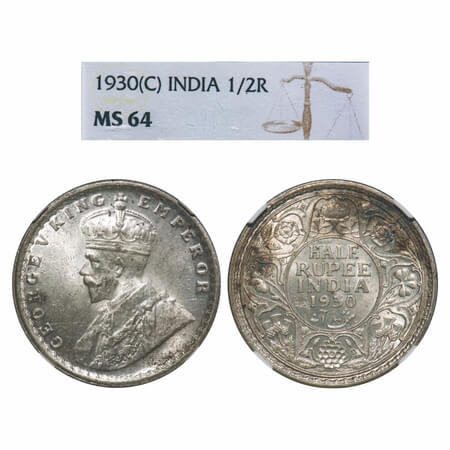 George V, Silver, Half Rupee, 1930, Calcutta Mint, No dot. F. Prid 332. GK 1072. NGC Slabb