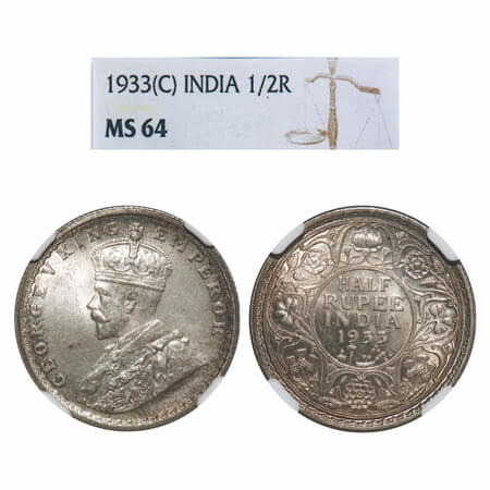 George V, Silver, Half Rupee, 1933, Calcutta Mint, No dot. F. Prid 333. GK 1073. NGC Slabb
