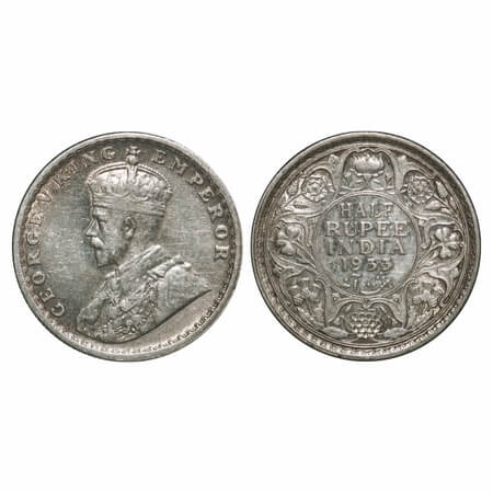 George V, Silver, Half Rupee, 1933, Calcutta Mint, No dot. F. Prid 333. GK 1073. Very Fine