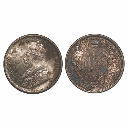 George V, Silver, Half Rupee, 1933, Calcutta Mint, No dot. F. Prid 333. GK 1073. Uncircula