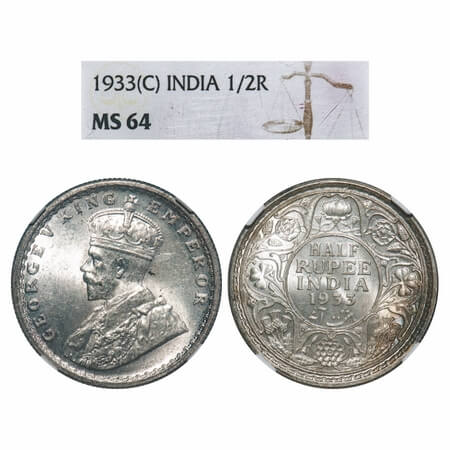 George V, Silver, Half Rupee, 1933, Calcutta Mint, No dot. F. Prid 333. GK 1073. NGC Slabb