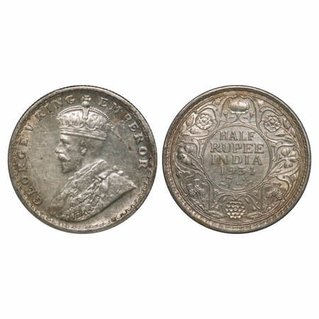 George V, Silver, Half Rupee, 1934, Calcutta Mint, No dot. F. Prid 334. GK 1074. About Unc