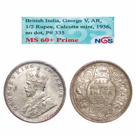 George V, Silver, Half Rupee, 1936, Calcutta Mint, No dot. F. Prid 335. GK 1075. NGS Slabb