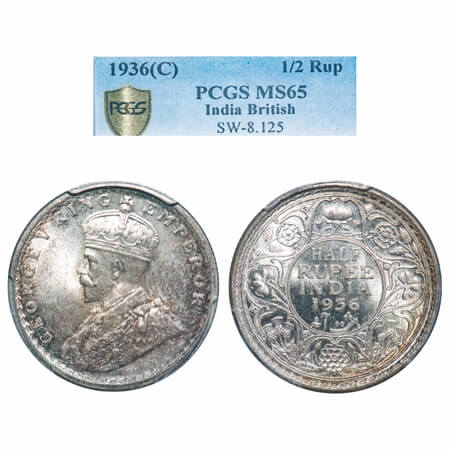George V, Silver, Half Rupee, 1936, Calcutta Mint, No dot. F. Prid 335. GK 1075. PCGS Slab