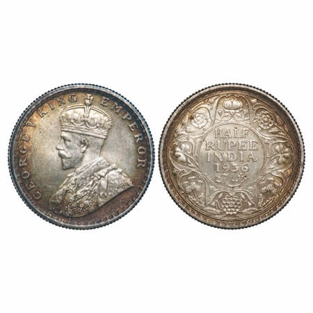 George V, Silver, Half Rupee, 1936, Calcutta Mint, No dot. F. Prid 335. GK 1075. Uncircula