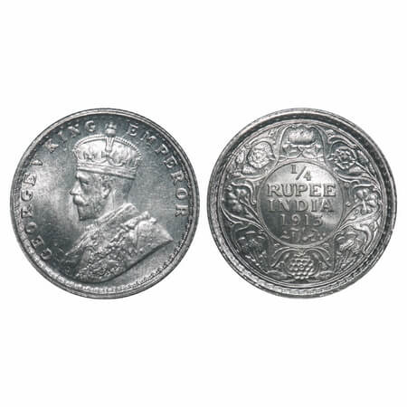 George V, Silver, 1/4 Rupee, 1913, Calcutta Mint, No dot. F. Prid 442. GK 1083. Brilliant 