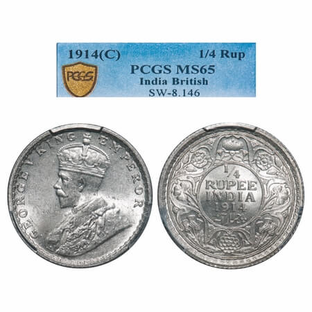 George V, Silver, 1/4 Rupee, 1914, Calcutta mint, No dot. F. Prid 443. GK 1085. PCGS Slabb