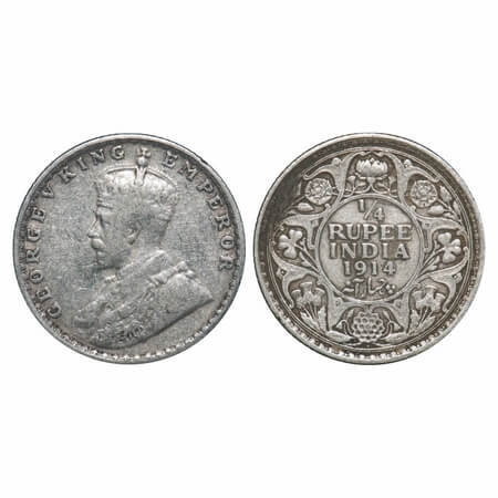 George V, Silver, 1/4 Rupee, 1914, Bombay Mint, Dot. F. Prid 456. GK 1086. Very Fine. Scar