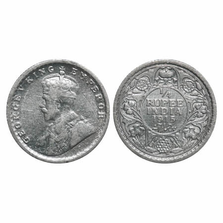 George V, Silver, 1/4 Rupee, 1915, Calcutta Mint, No dot. F. Prid 444. GK 1087. Very Fine.